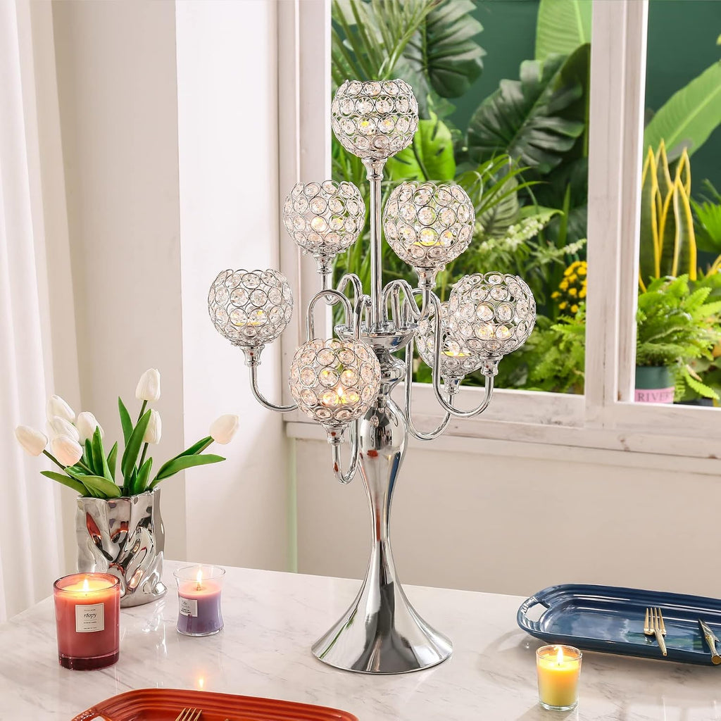 Silver Candelabra for Table Centerpiece with Crystal, 7 Arms 27.1 inch Tall Candle Holders with Globes, Dining Table