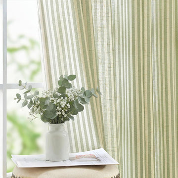 Linen Curtains for Living Room Sage Green on Beige Striped Curtains for Bedroom Ticking Stripe Pattern Light