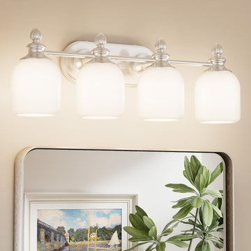 4-Light Brushed Nickel Vintage Bathroom Light Fixtures Over Mirror | 2X Thicker Frosted Glass Shade, UL Listed E26