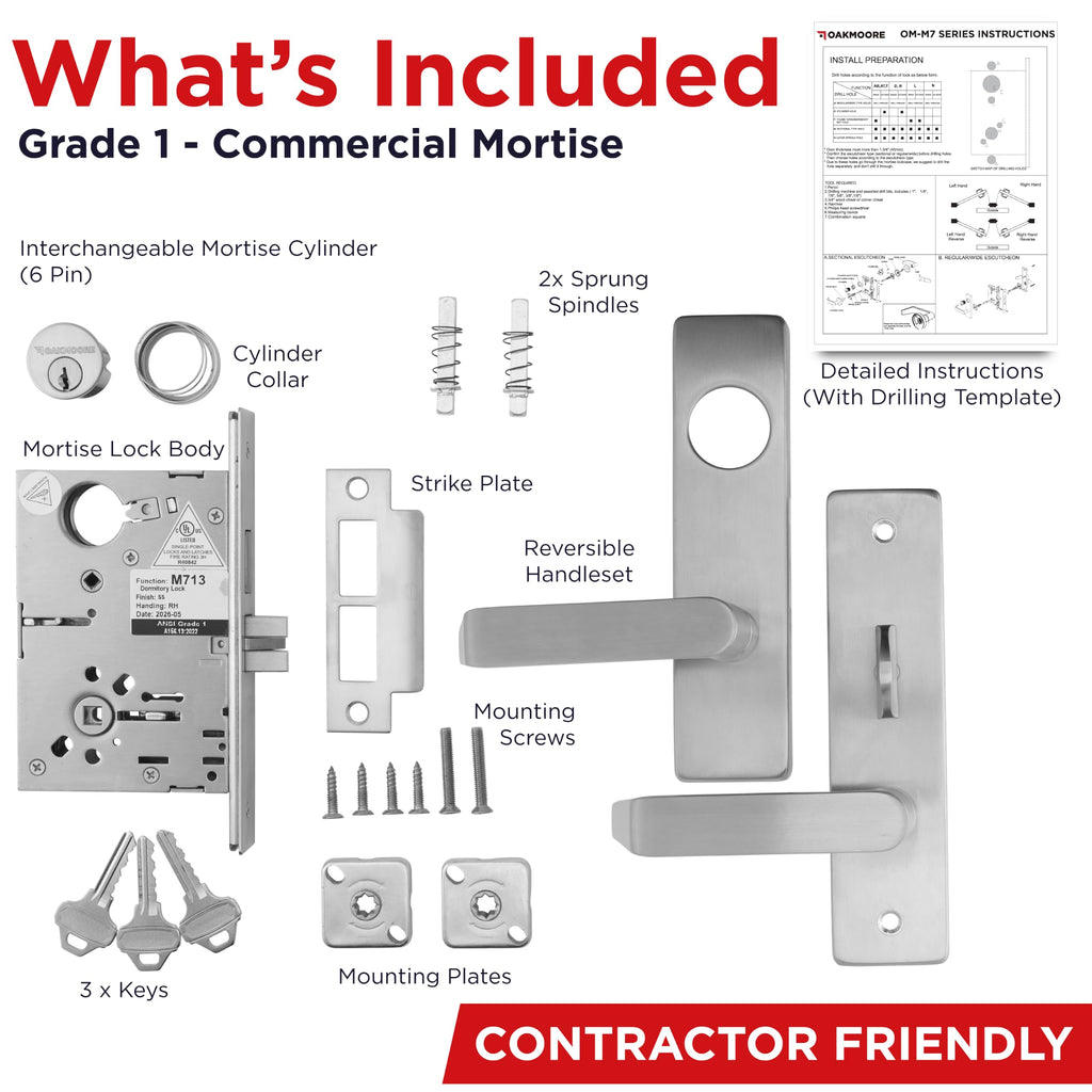 Grade 1 Commercial Mortise Lock Set, F13 Dormitory/Exit Function, Escutcheon Panel Trim, Satin Stainless Steel