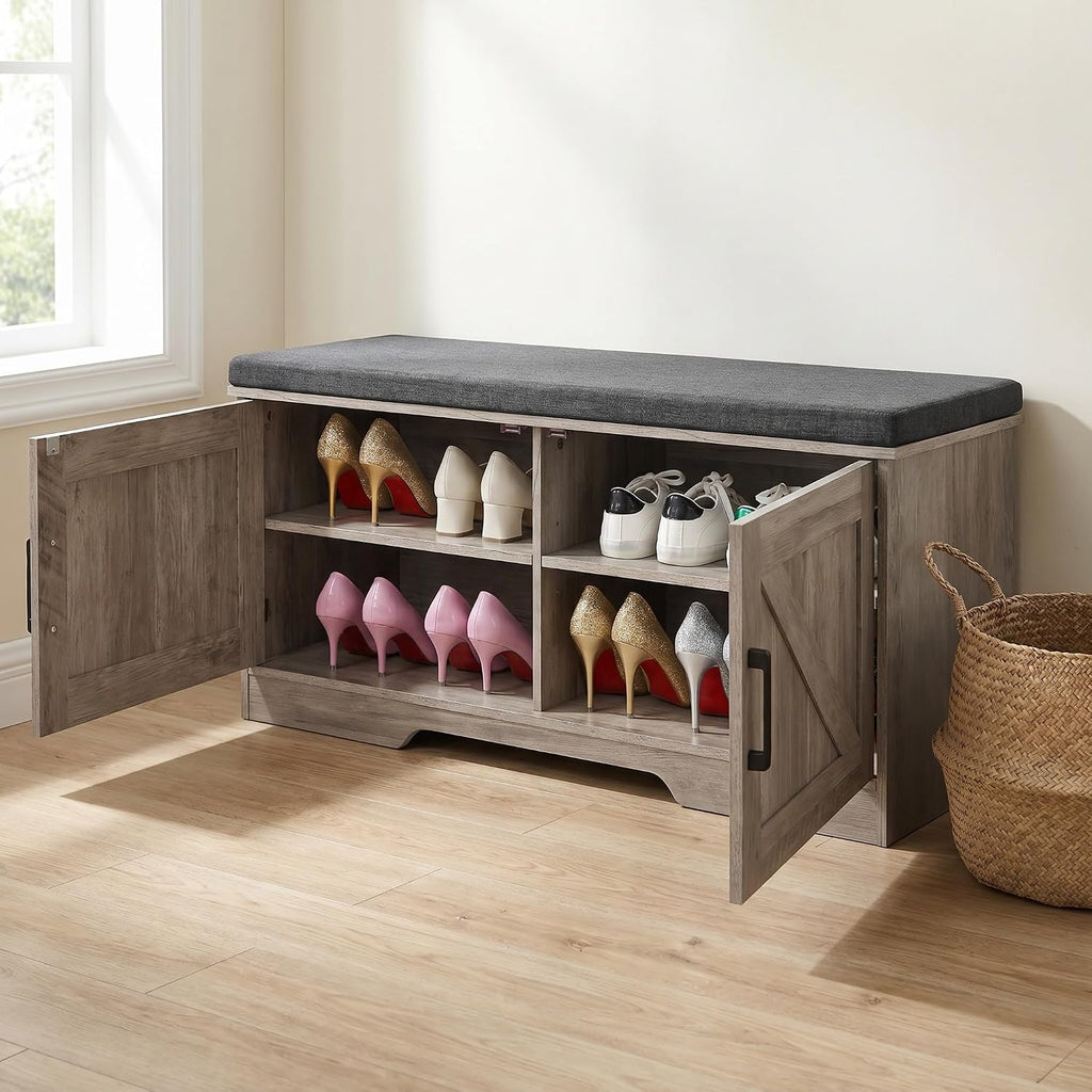 Farmhouse Shoe Storage Bench with 2 Barn Doors & Padded Seat Cushion | 39.4" Wide Entryway Bench with Adjustable