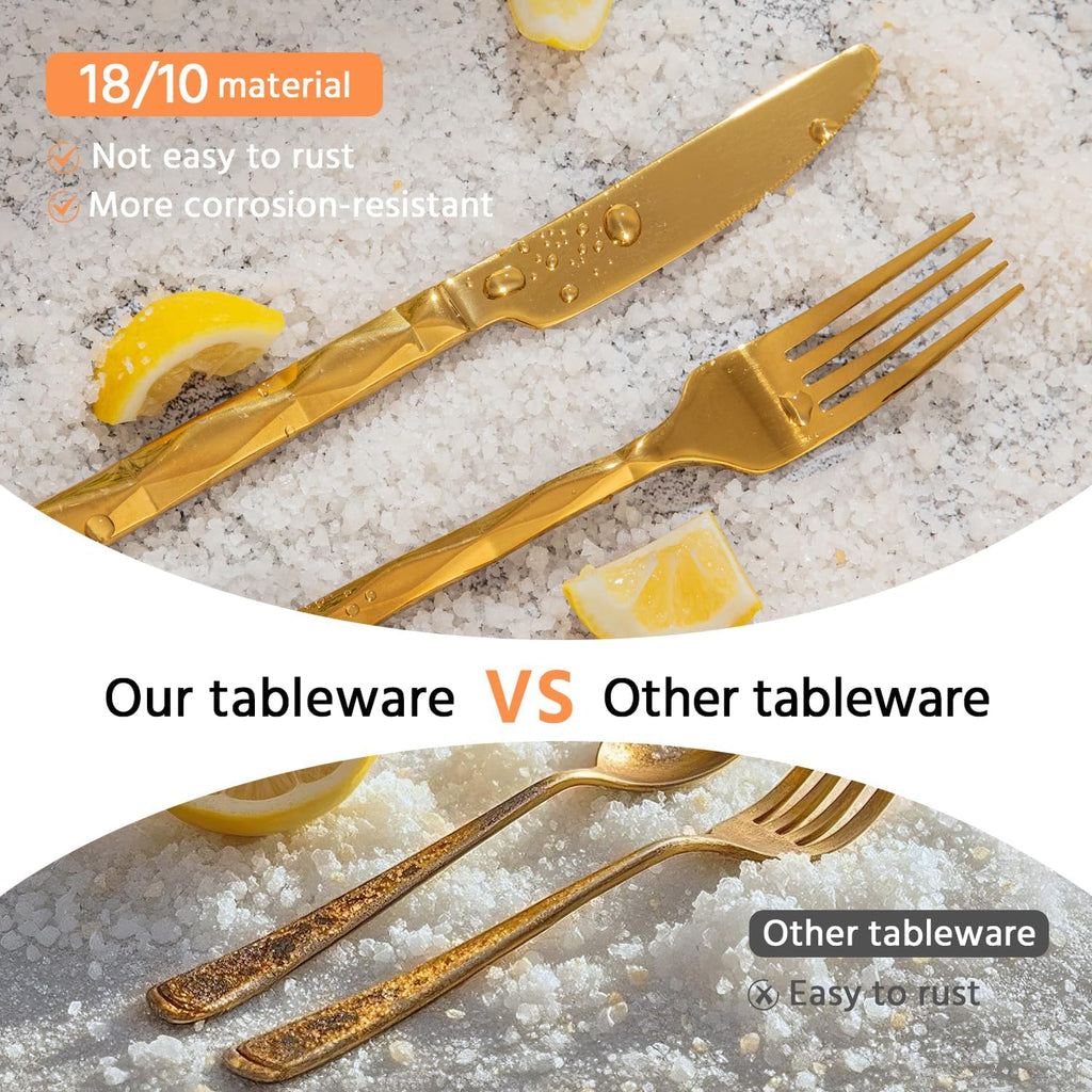 Gold Silverware Set, Luxury 60-Piece Flatware Set for 12, 18/10 Stainless Steel Cutlery Set with Diamond Cut Pattern