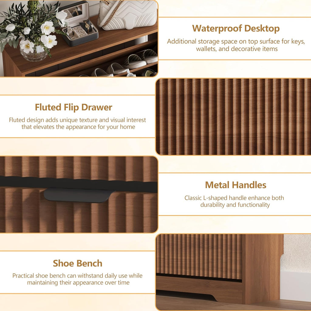 Shoe Cabinet Storage with 4 Flip Drawers, Walnut Fluted Shoe Cabinet with Adjustable Shelves, Wooden Hidden Shoe Rack