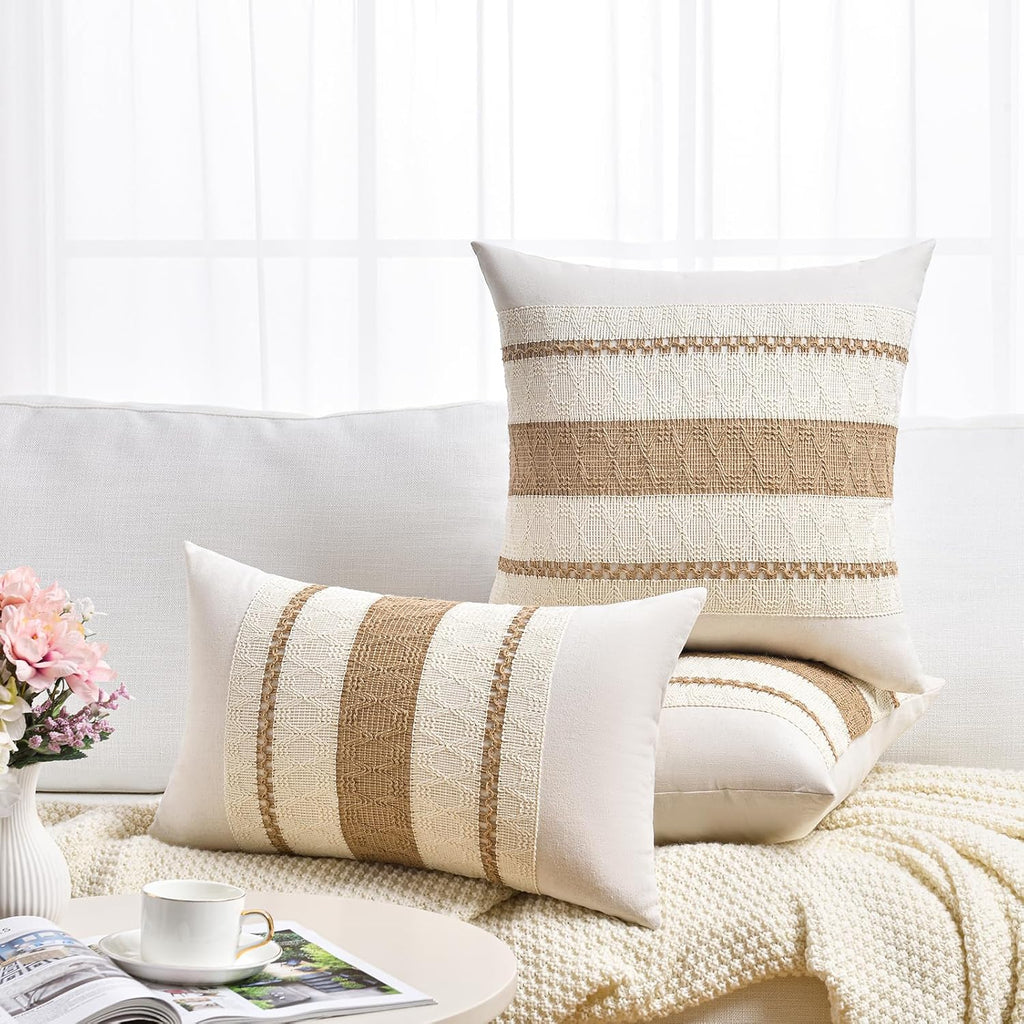 Set of 2 Boho Neutral Decorative Throw Pillow Cover 18x18 Inch, Aesthetic Modern Organic Farmhouse Home Decor, Soft
