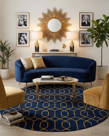 Glam Collection Rug - 8x10 Oval Navy Blue Gold Medium-Pile Rug Perfect s, Large Dining Rooms, Open Floorplans