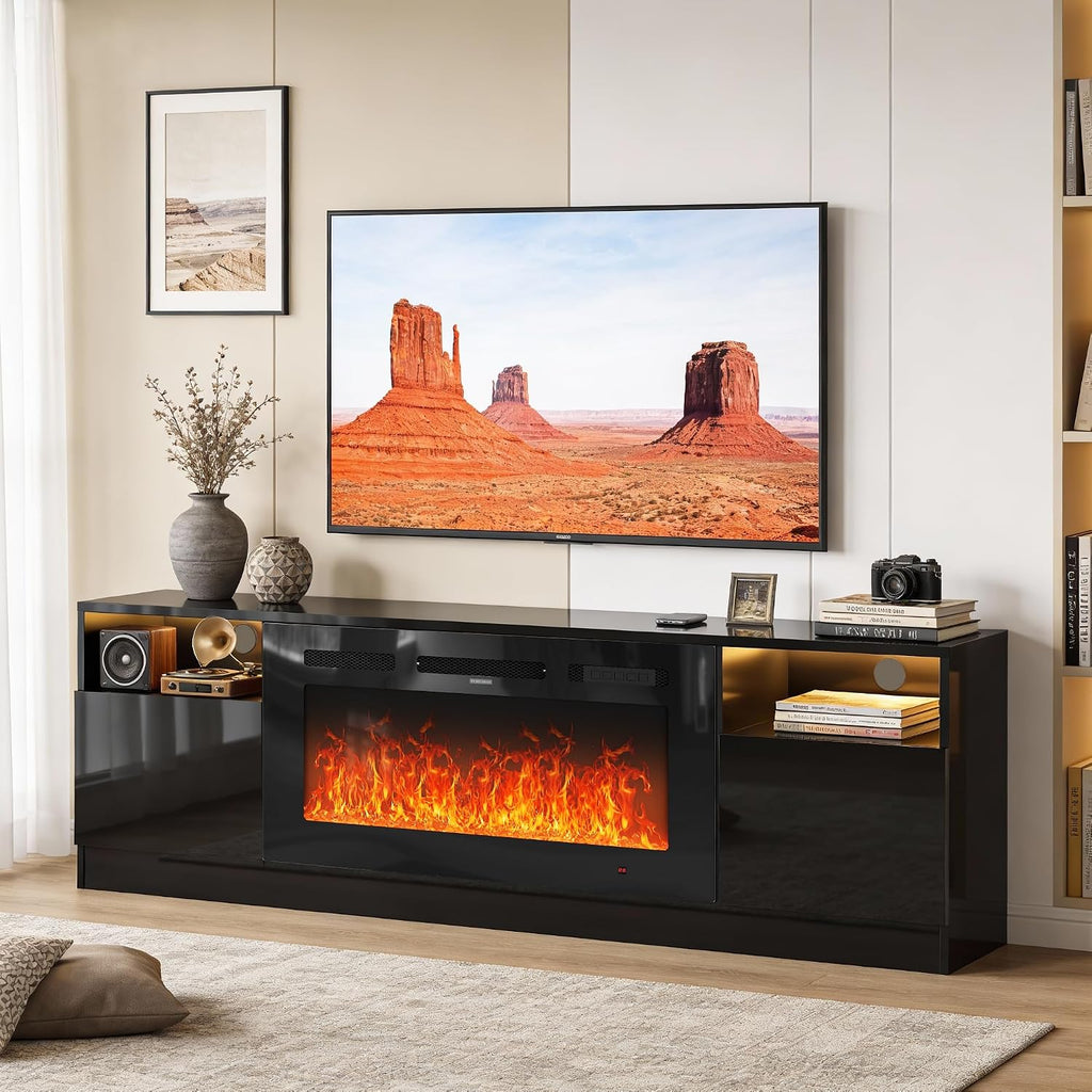 70" Fireplace TV Stand with 36" Electric Fireplace, LED Light Entertainment Center for TVs Up to 80", High-Gloss