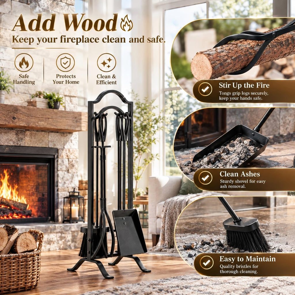Fireplace Tools Set 5 Pcs with Stand, 29" Durable Wrought Iron