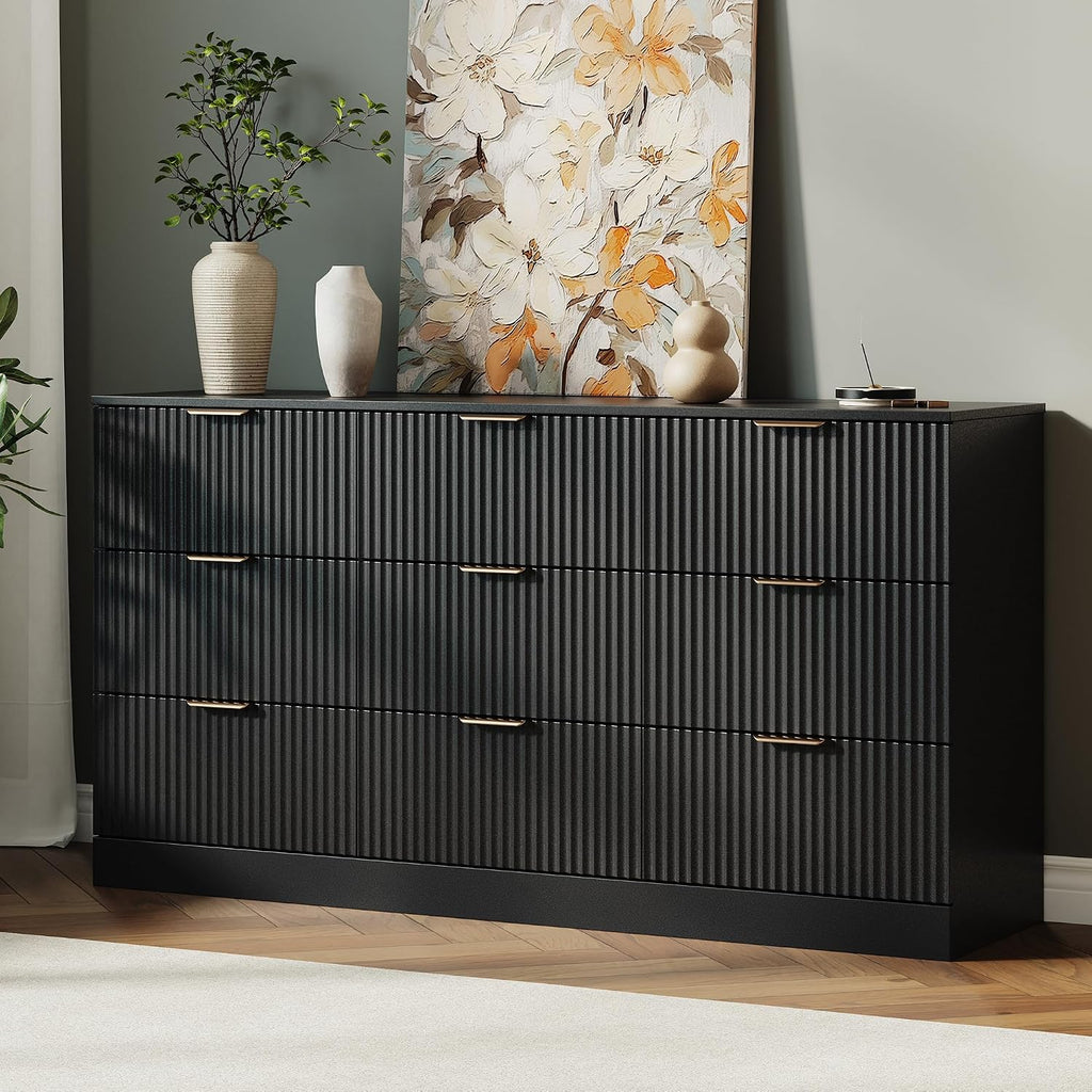 Fluted 9 Drawer Dresser , 59" Wide Wood Chest of Drawers with Metal Handle, Long Dresser Storage Organizer TV Stand