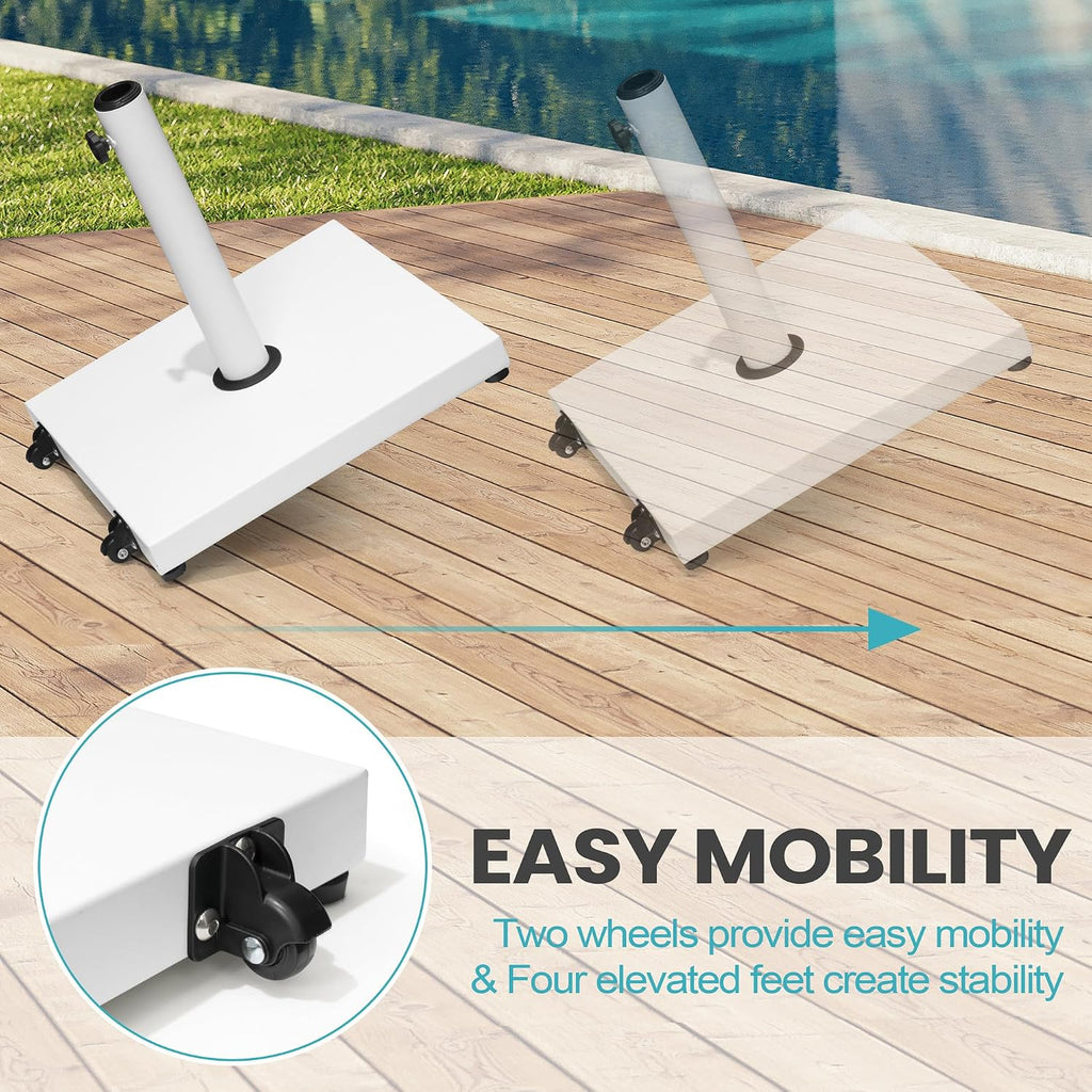 Patio Umbrella Base 43lbs Outdoor Umbrella Stand with Wheels, Heavy Duty Square Concrete Stand Market Umbrella, White