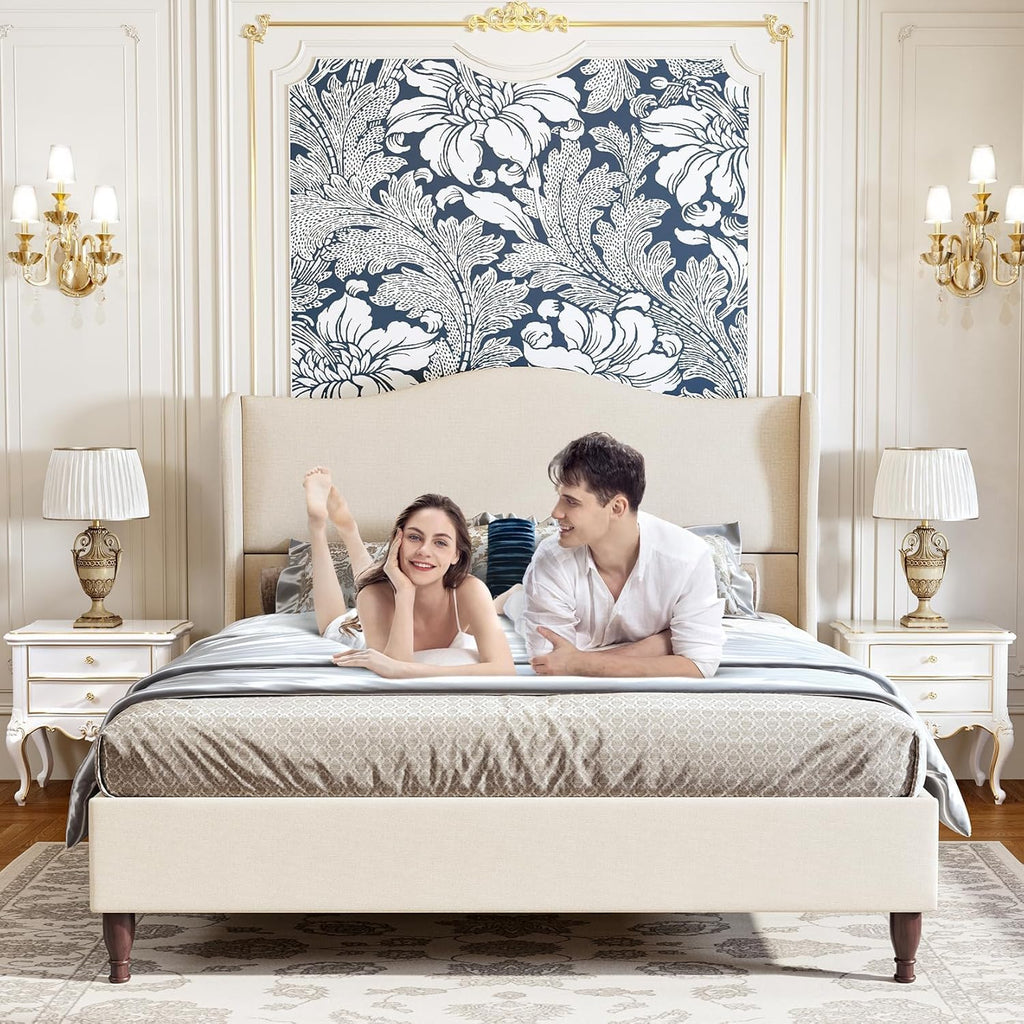 Queen Bed Frame Upholstered Platform Bed with 51" Tall Headboard Wingback, Soft Fabric