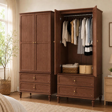 71" Mid-Century Modern Armoire Wardrobe Closet with Doors and Drawers,Wooden Armoire Storage Cabinet with Hanging Rod