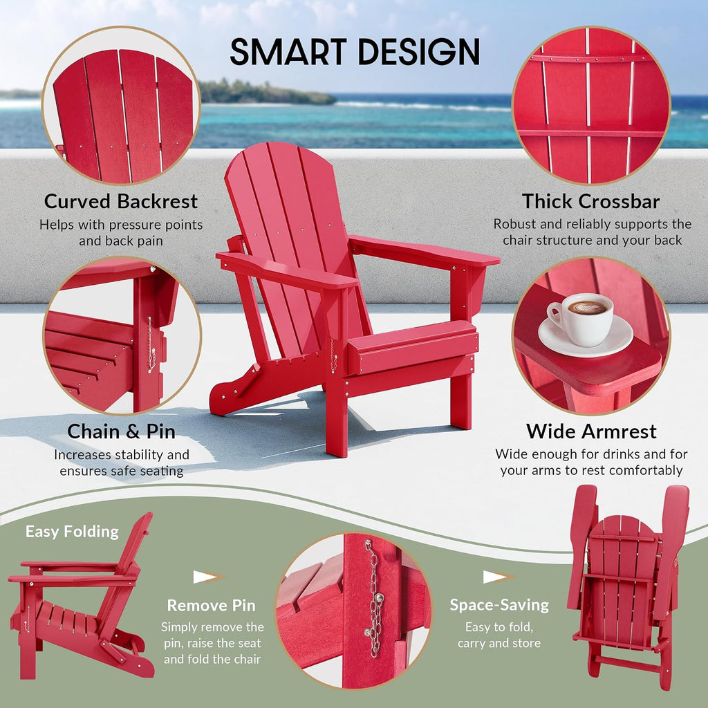 Malibu 2 Piece Set Outdoor Folding Poly Adirondack Chair, Red