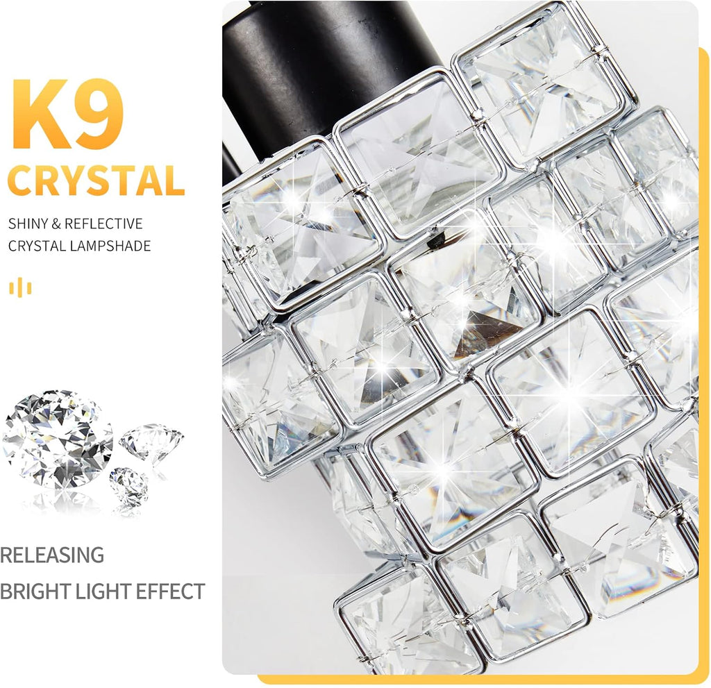 3 Lights Bathroom Vanity Light, Crystal Bathroom Light Fixture Over Mirror, Matte Black & Crystal Rotateable Indoor