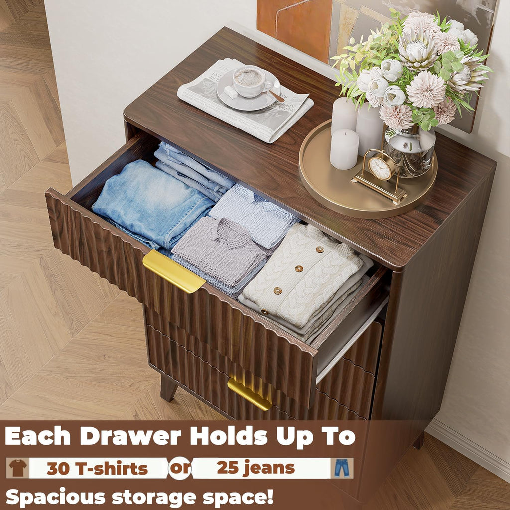 5-Drawer Dresser Fluted Drawers, Mid-Century, Walnut | 31"W x 15.4"D x 48"H, 130 lbs top / 40 lbs per drawer (7.7"H)