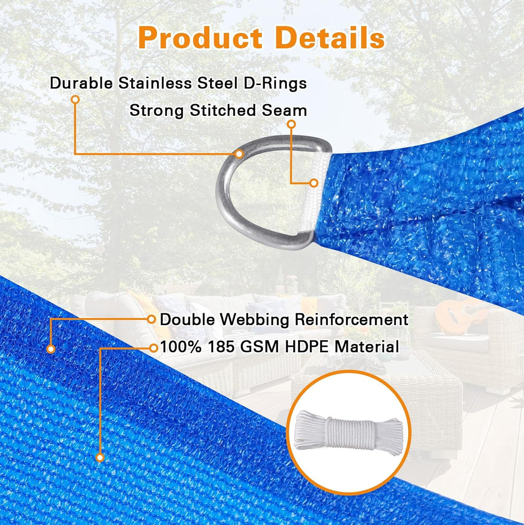 Sun Shade Sail, 12'X20' Blue Rectangle Curved Edged Sun Shade, Commercial Grade 185GSM HDPE UV Permeable Outdoor