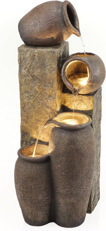 43" Tall Indoor Outdoor Pottery Fountain with Replaceable LED Lights, Water Feature Decor, Brown