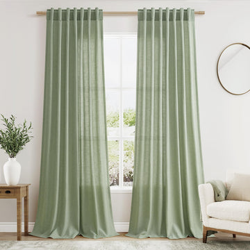 Extra Long Light Sage Linen Curtains 120 Inch 2 Panels Set Rod Pocket Back Tab Soft Linen Window Drapes Semi Sheer