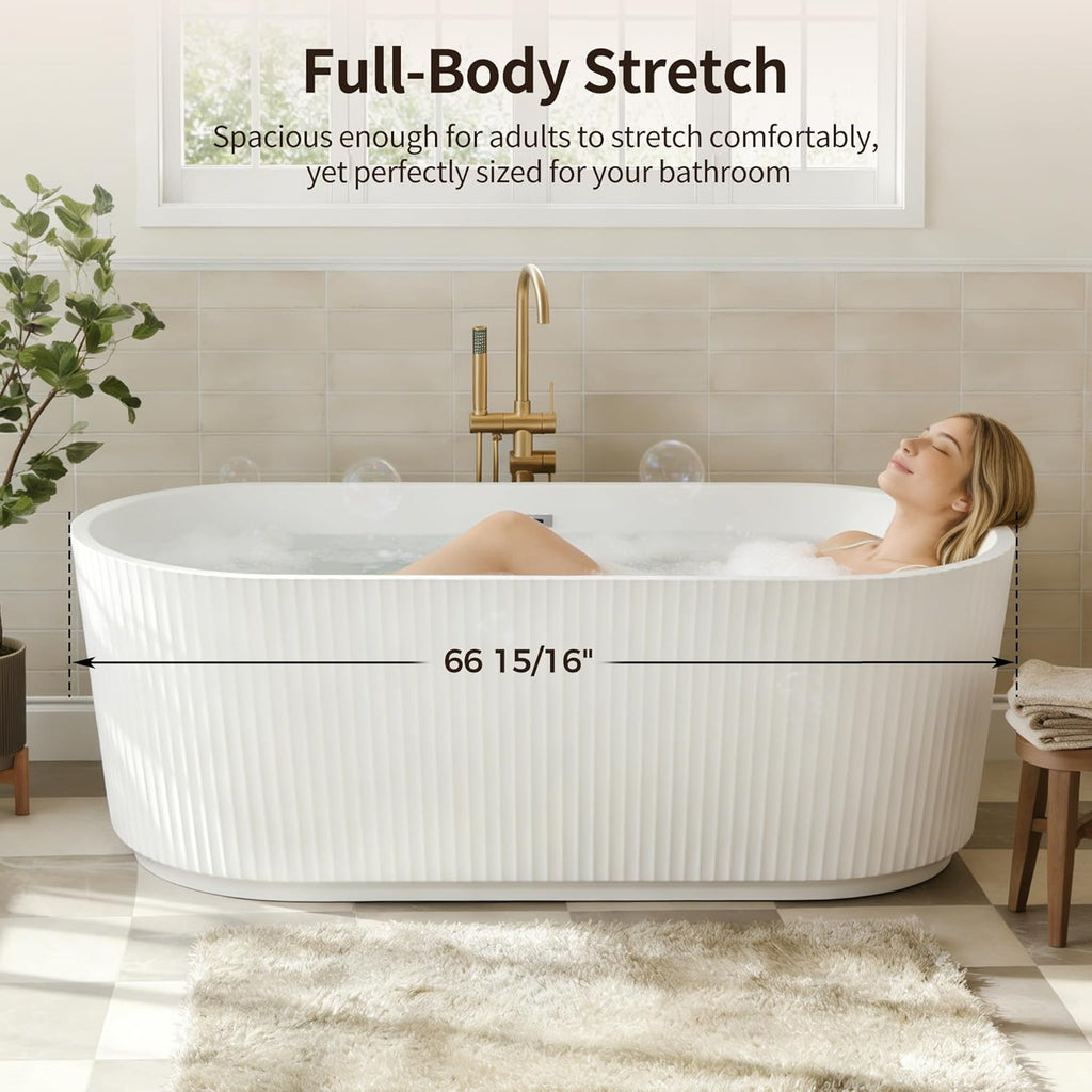 67" Acrylic Freestanding Bathtub, Easy Install Standalone Deep Soaking Tub with Fluted Design, Modern Ergonomic