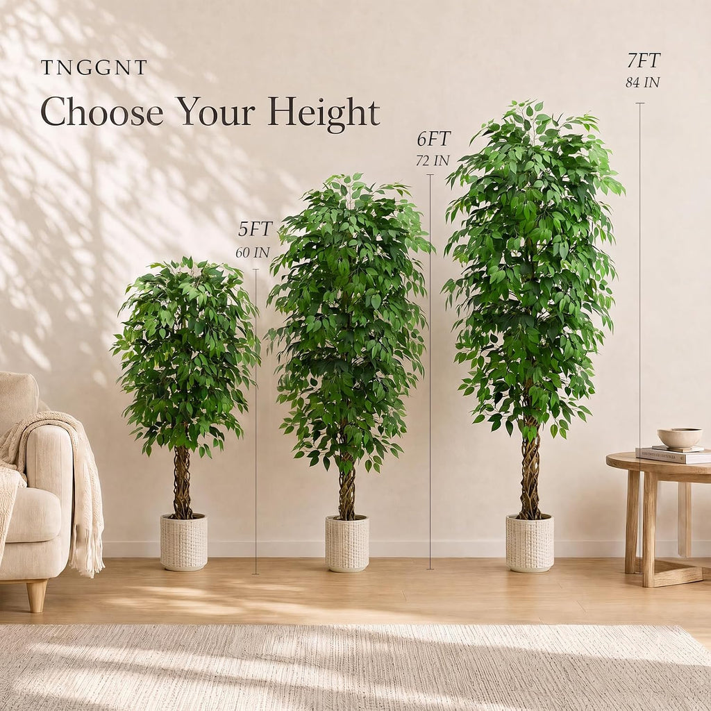 Ficus Tree:6FT Tall Faux Silk Floor Plant (White Planter)