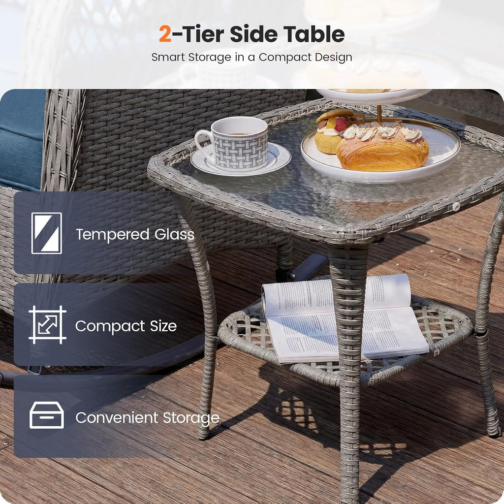 Rocking Chair Outdoor Set 2 with Table, Full Rattan Oversized Blue | 3 Piece Wicker Rocking Bistro Set with 4"