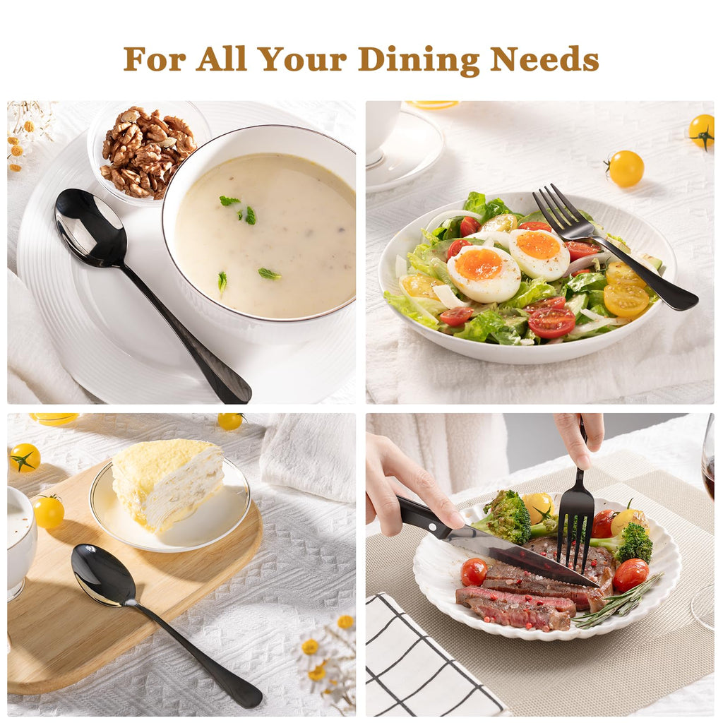 Black Silverware Set with Steak Knives Flatware Set for 4 Food-Grade Stainless Steel Cutlery Set Mirror