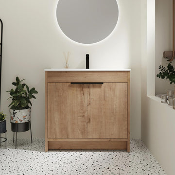 36-Inch Bathroom Vanity with Sink Mid-Century Bathroom Vanities with Top Basin Floor Wood Bathroom Sink Cabinet