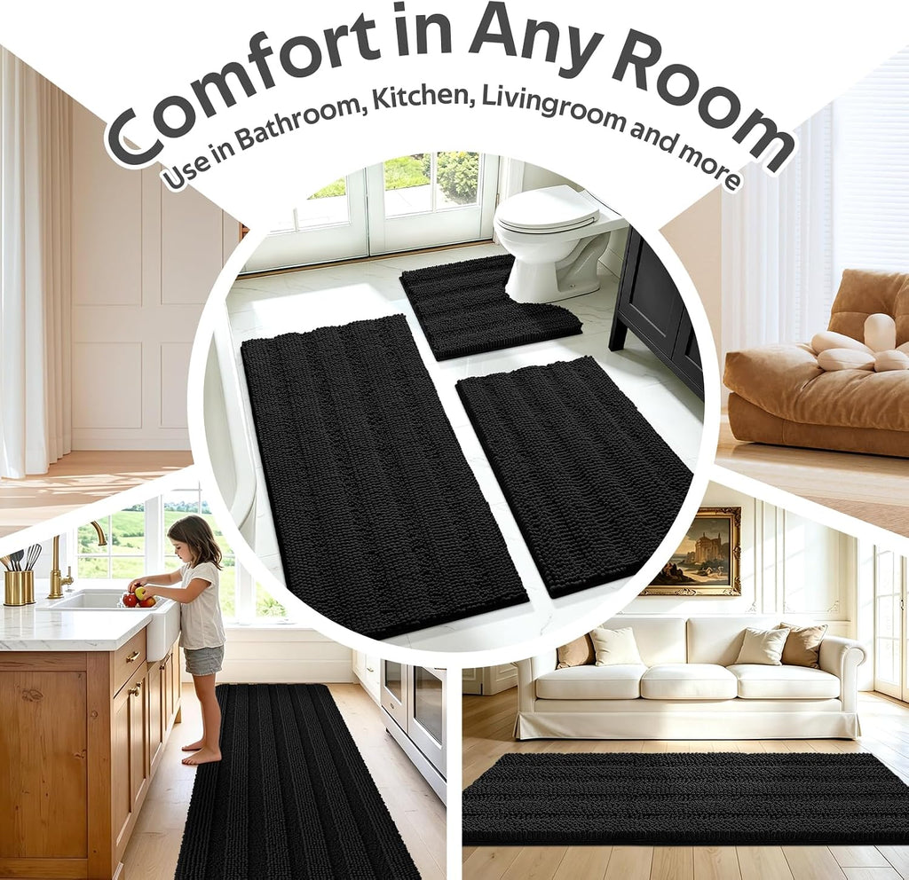 Striped Black Bathroom Rug Set 3 Pieces Ultra Soft, Non Slip Chenille Toilet Mat, Absorbent Plush Shaggy Bath Mats
