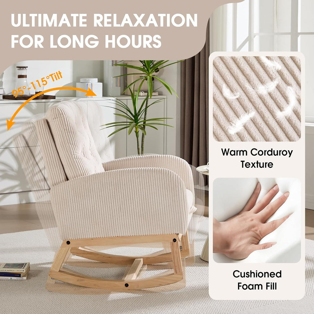 Modern Nursery Rocking Chair with Footrest, Corduroy Upholstered Recliner Glider Chair with Diamond Shape Back