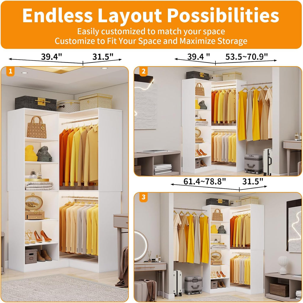 Corner Closet System with 6 Shelves, Custom 39.4"-78.8" Closet Organizer System with 3Hanging Rods, Walk in Corner