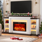 80 Inch Modern Fireplace TV Stand for TVs up to 90 Inches, Entertainment Center with Mantel, Electric Fireplace Heater, Adjustable Flame, Remote Control and LED Lighting