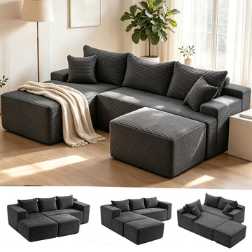 Boneless Sectional Couch, U Shaped Couches, Gray