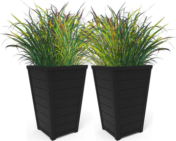 Set of 2 Resin Modern Outdoor 22 Inch Tall Large Flower Pots, Tapered Wood Look Planters for Outdoor Plants and Front