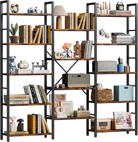 Triple 5 Tier Bookshelf, Industrial Large Bookcase with 14 Open Display Shelves