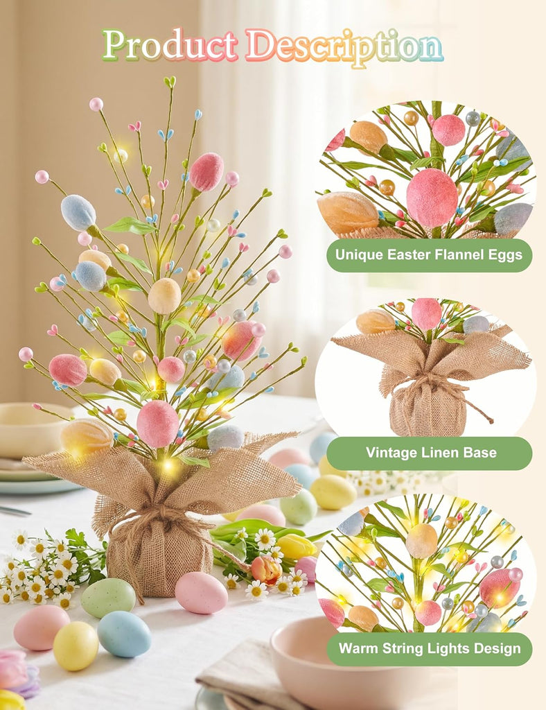 Easter Table Decorations, 18 Inch Easter Egg Tree Decorations, Centerpieces for Tables with Pastel Felt Eggs, Spring