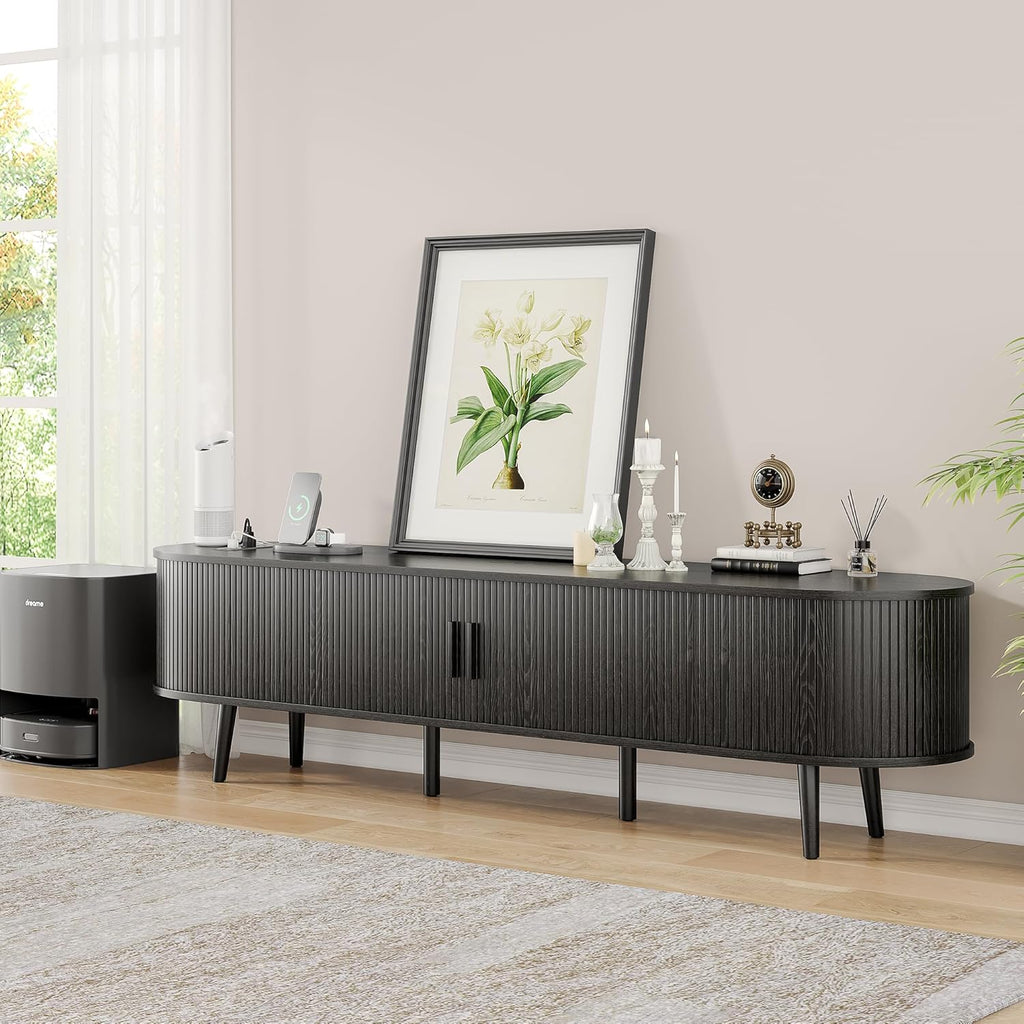 69" Mid Century Modern TV Stand with Power Outlet, Farmhouse Curved Edge TV and Media Console Table with Drawer and Shelf, Fluted Entertainment Center for Living Room, Bedroom, Black