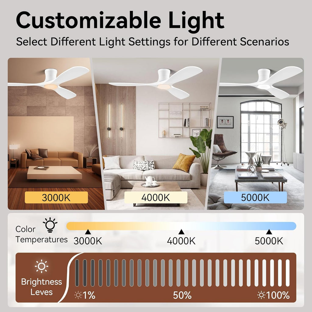 52” Wood Smart Flush Mount Ceiling Fans with Lights and Remote,Quiet DC Motor