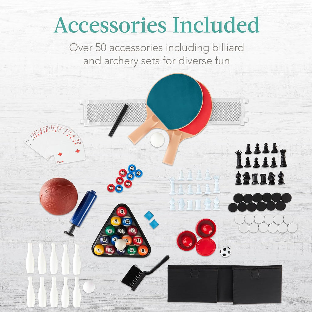 Combo Game Table Set for Home, Game Room, Friends & Family w/Ping Pong, Foosball, Basketball, Air Hockey, Archery
