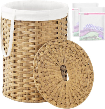 Laundry Hamper with Lid Laundry Basket with Lid 72L, Natural | 19 Gal Round PE Rattan Hamper with Lid, Removable