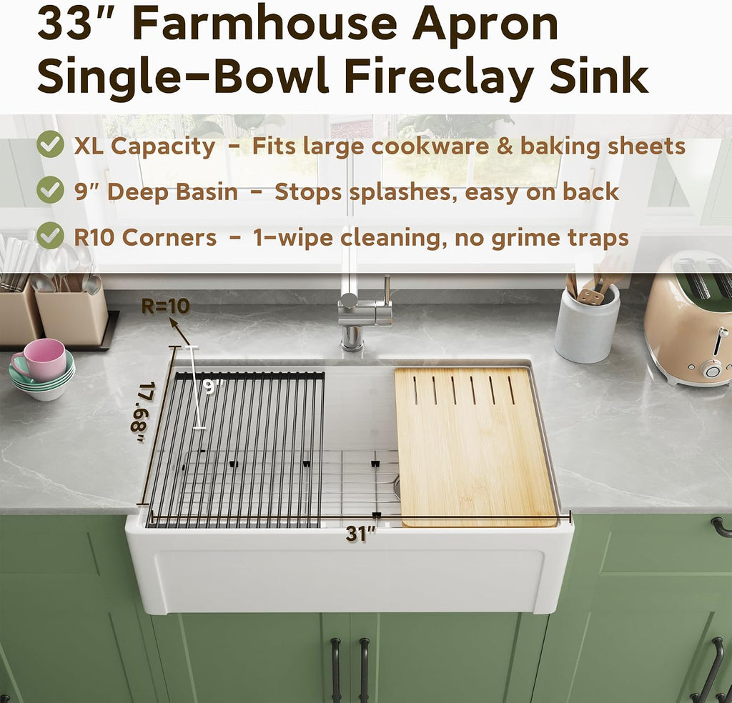 White Farmhouse Sink Fireclay Apron Front Kitchen Sink Single Bowl Kitchen Sinks, 33x20x10 Deep Workstation Sink with - Set of 6