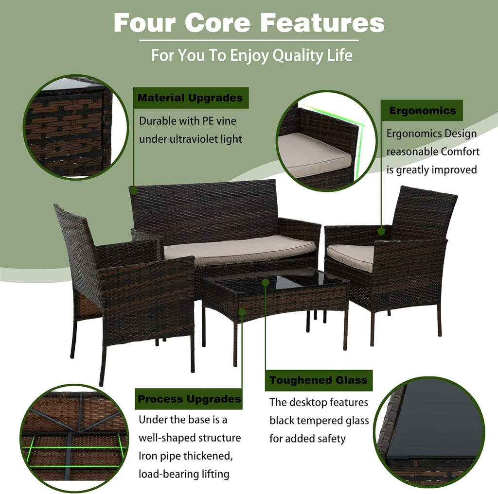 4 Pieces Patio Furniture Set Rattan Outside Furniture Wicker Sofa Garden Conversation Sets with Soft Cushion and Glass