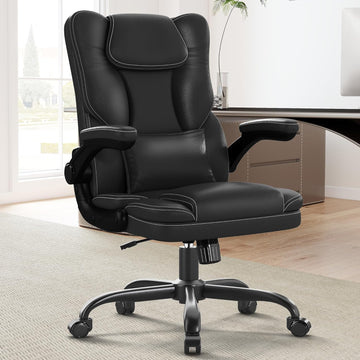 Ergonomic with Flip-Up Armrests, Mid Back Executive PU Leather Desk Chair, Height Adjustable with Lumbar Support