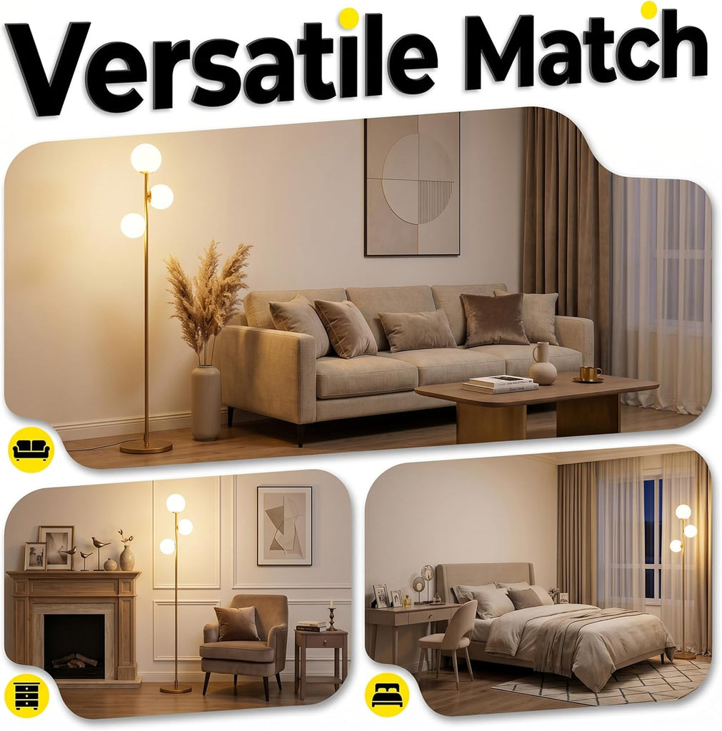 3 Globe Floor Lamp Mid Century Modern, Gold Standing Lamp with Frosted Glass Shade & LED Bulbs