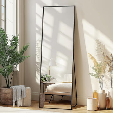 Wall Full Length Mirror,Standing Mirror Full Body,Large Floor for Wall Door Bedroom Bathroom Living Room with Aluminium Frame(with Stand,56x15-Black)