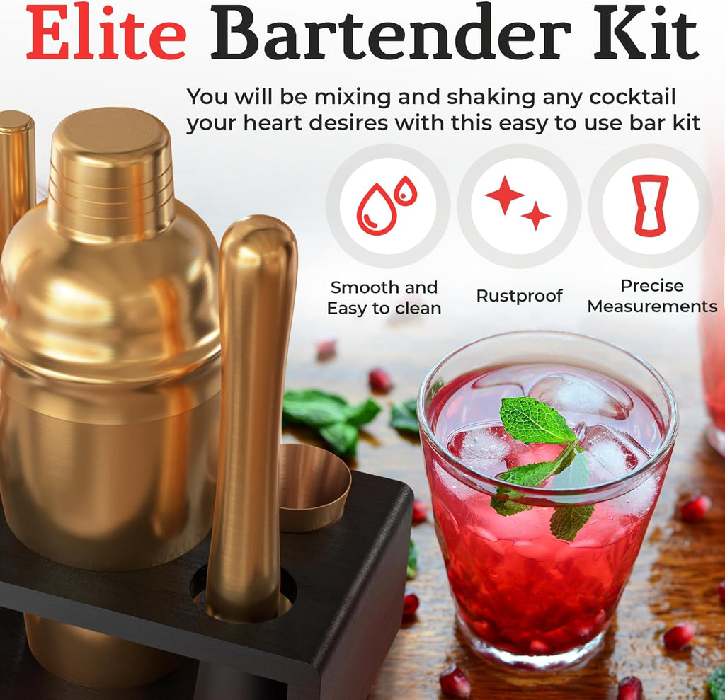 Cocktail Shaker Set: Bartender Kit Bar Mixology Cocktail Bar Set Plus E-Book with 30 Recipes (Antique Gold)