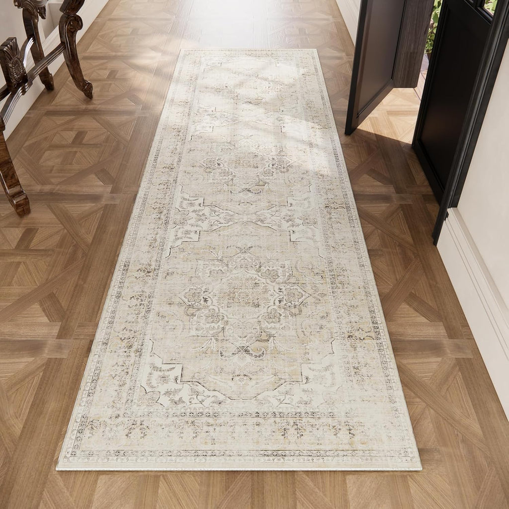 Machine Washable Runners Rug : 2'6"x8' Kitchen Runner Rugs with Rubber Backing Non Slip Low Pile Soft Faux Wool Boho