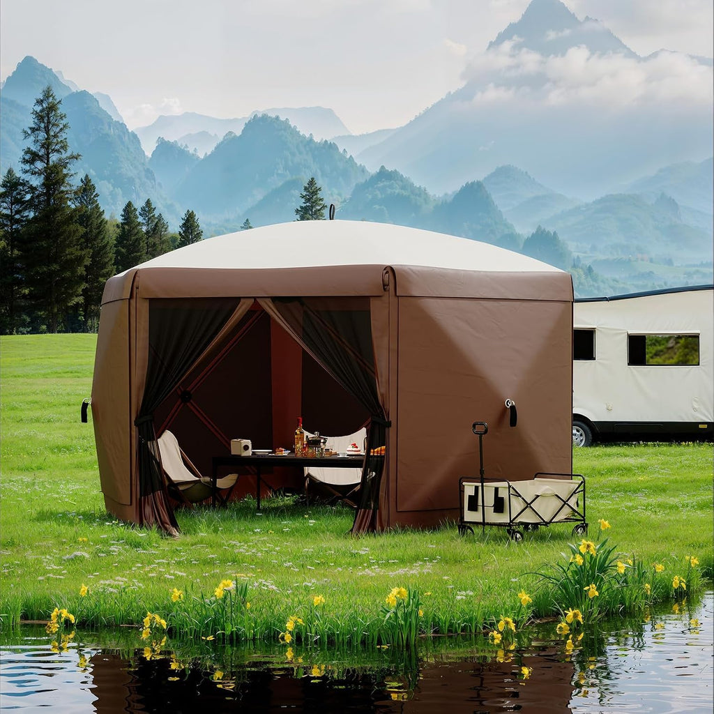 11.5x11.5FT 6-Sided Pop Up Gazebo Tent，One-Push Setup Canopy Tent with Mesh Panels & Removable Wind Cloths