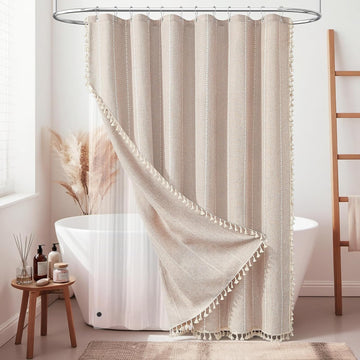 3 in 1 Tan Boho Linen Striped Shower Curtain with Liner, Taupe, 72x72 | Waterproof Clear PEVA Liner, 330GSM Heavy