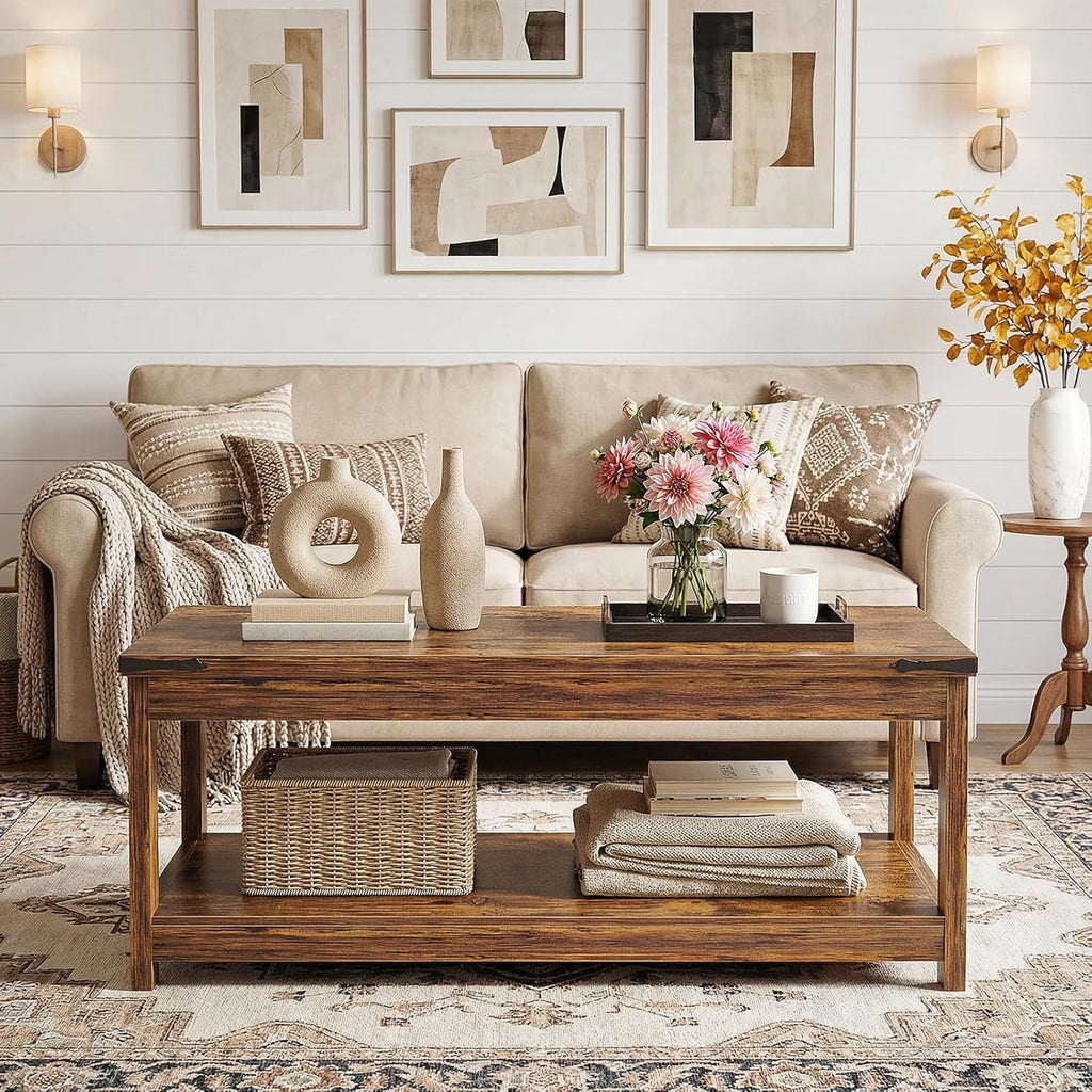 Coffee Table with Storage Shelf, 43.3” Farmhouse Wood Coffee Tables, Modern Center Tea Table, Rustic Brown
