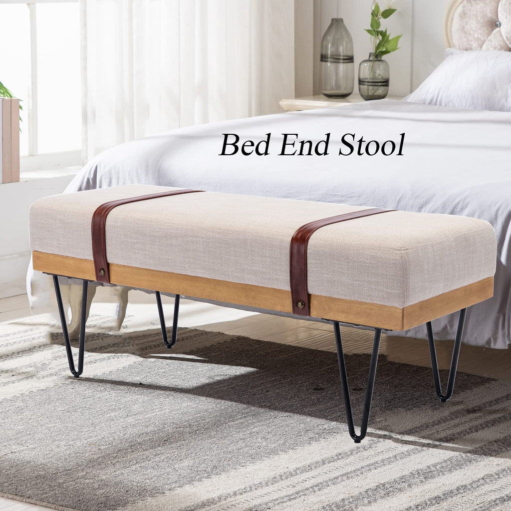 Industrial Modern Linen Rectangle Ottoman Bench, Beige