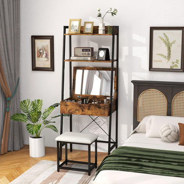 Vanity Desk Set with Flip-up Mirror, Ladder Vanity Table and Cushioned Stool Set w/ 4 Storage Compartments, Small